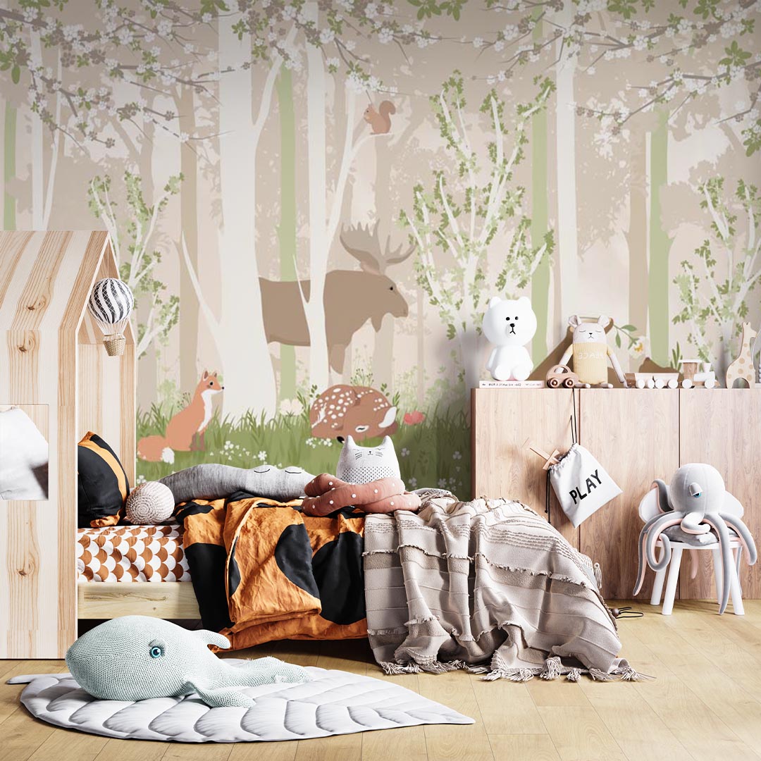 Kids Wall Mural Cartoon Forest Animals Fairy Meadow Wallpaper for Kids Room