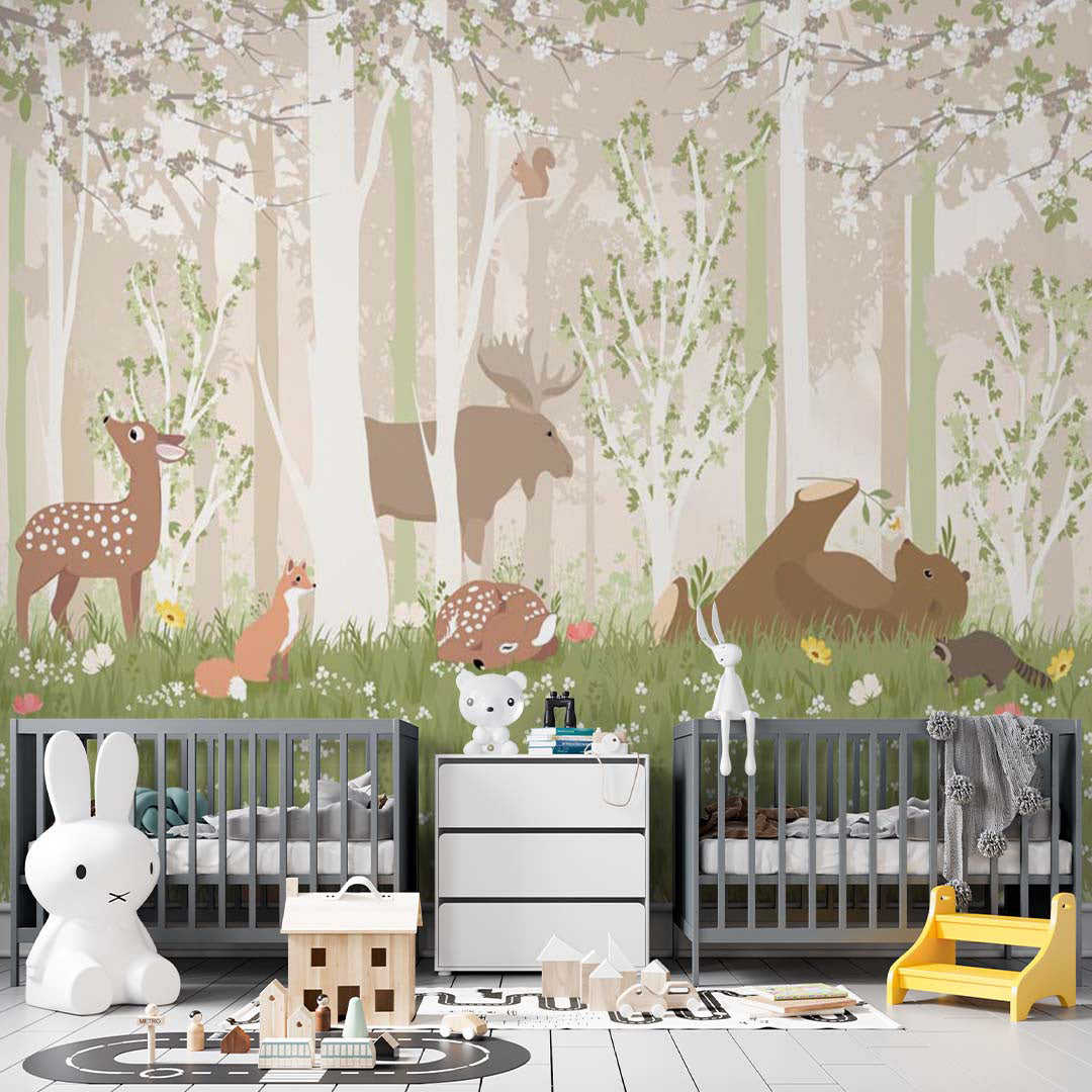 Kids Wall Mural Cartoon Forest Animals Fairy Meadow Wallpaper for Kids Room