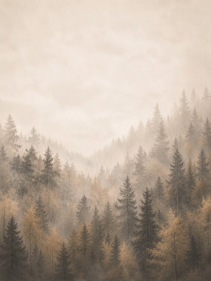 Papier peint forêt de pins brumeuse – Panoramique arbres de montagne dans le brouillard, vertical
