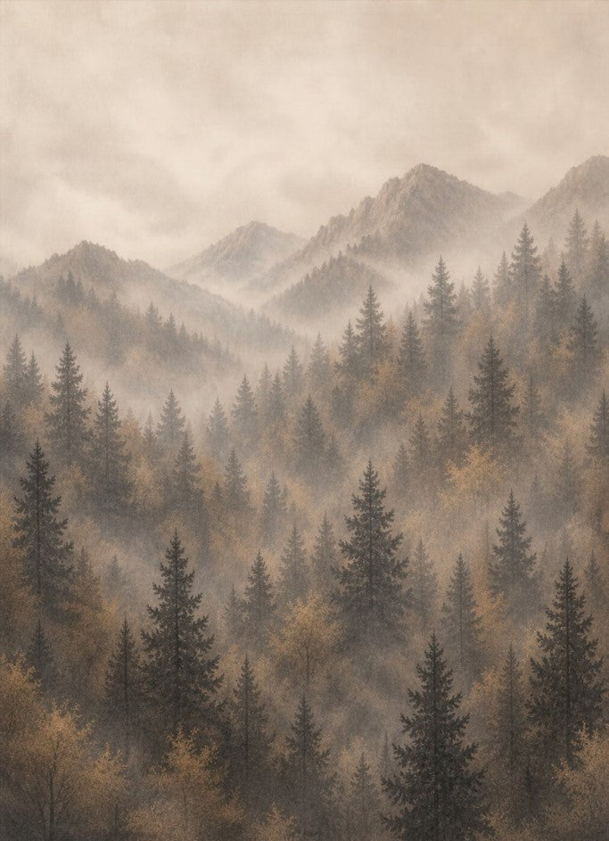 Mistige bergen en dennen behang – verticaal nevelig landschap fotobehang