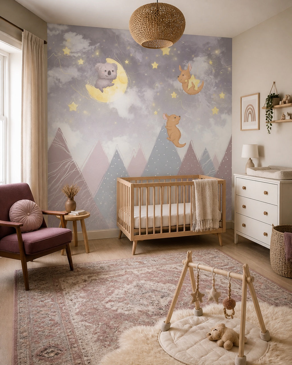 Dreamy koala and kangaroos nursery wallpaper in a modern nursery with a crib.