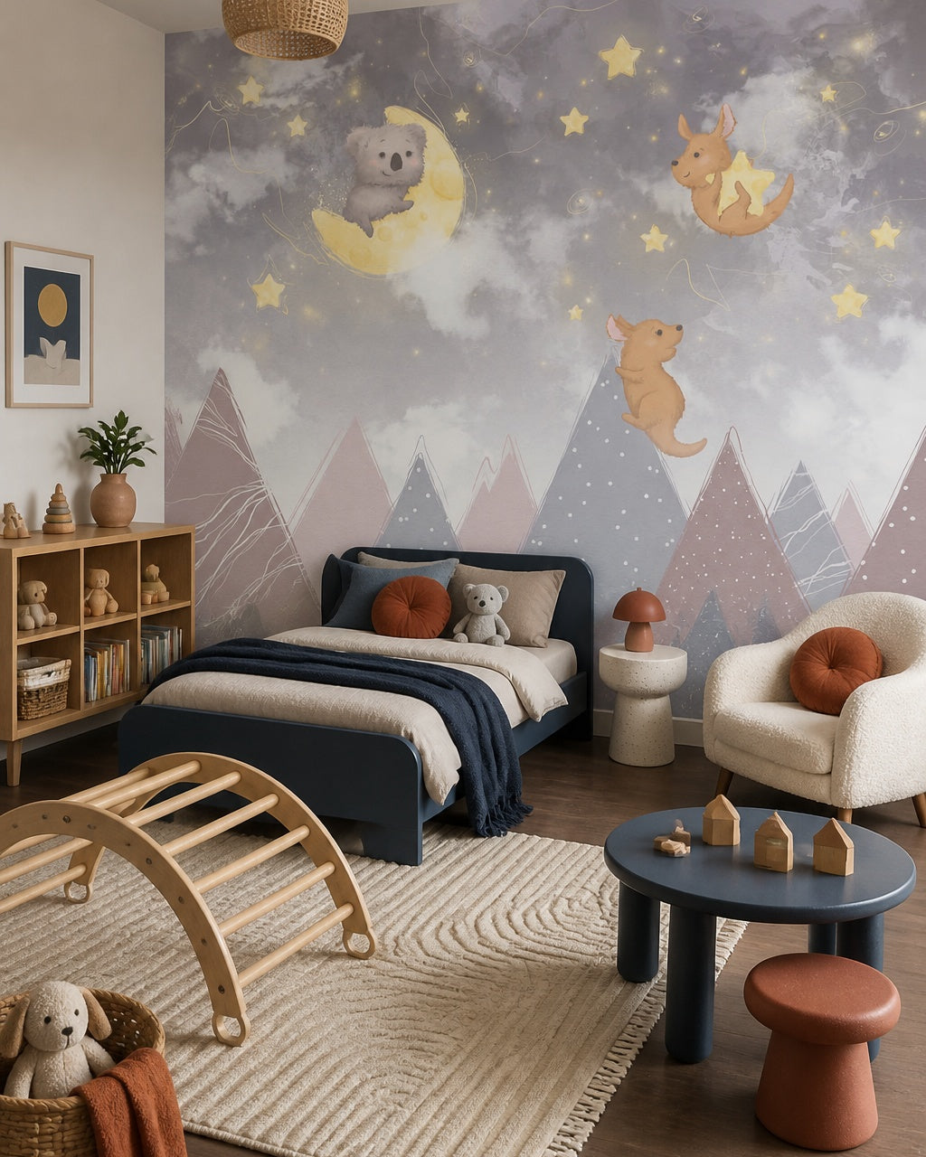 Dreamy koala and kangaroos nursery wallpaper in a toddler bedroom with a child-sized bed.