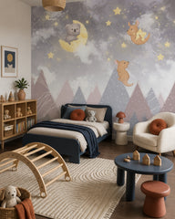 Dreamy koala and kangaroos nursery wallpaper in a toddler bedroom with a child-sized bed.