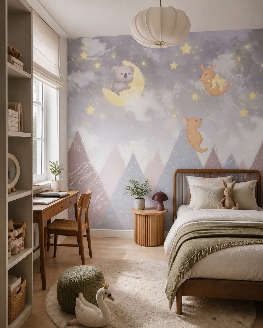 Dreamy koala and kangaroos nursery wallpaper in a girl’s bedroom.