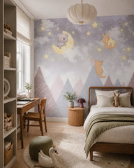 Dreamy koala and kangaroos nursery wallpaper in a girl’s bedroom.