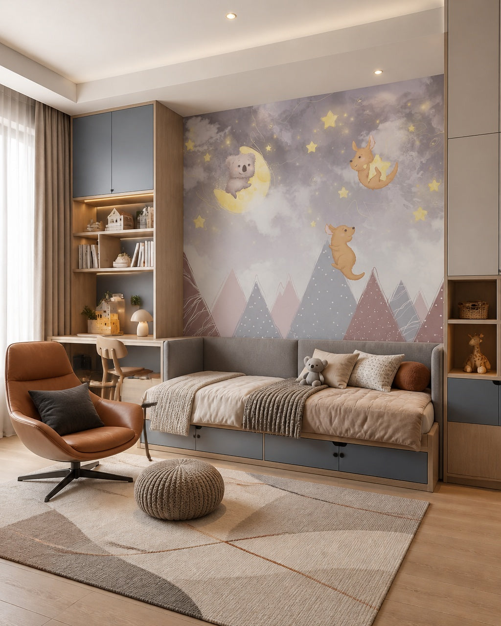 Dreamy koala and kangaroos nursery wallpaper in a boy’s bedroom.