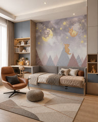 Dreamy koala and kangaroos nursery wallpaper in a boy’s bedroom.