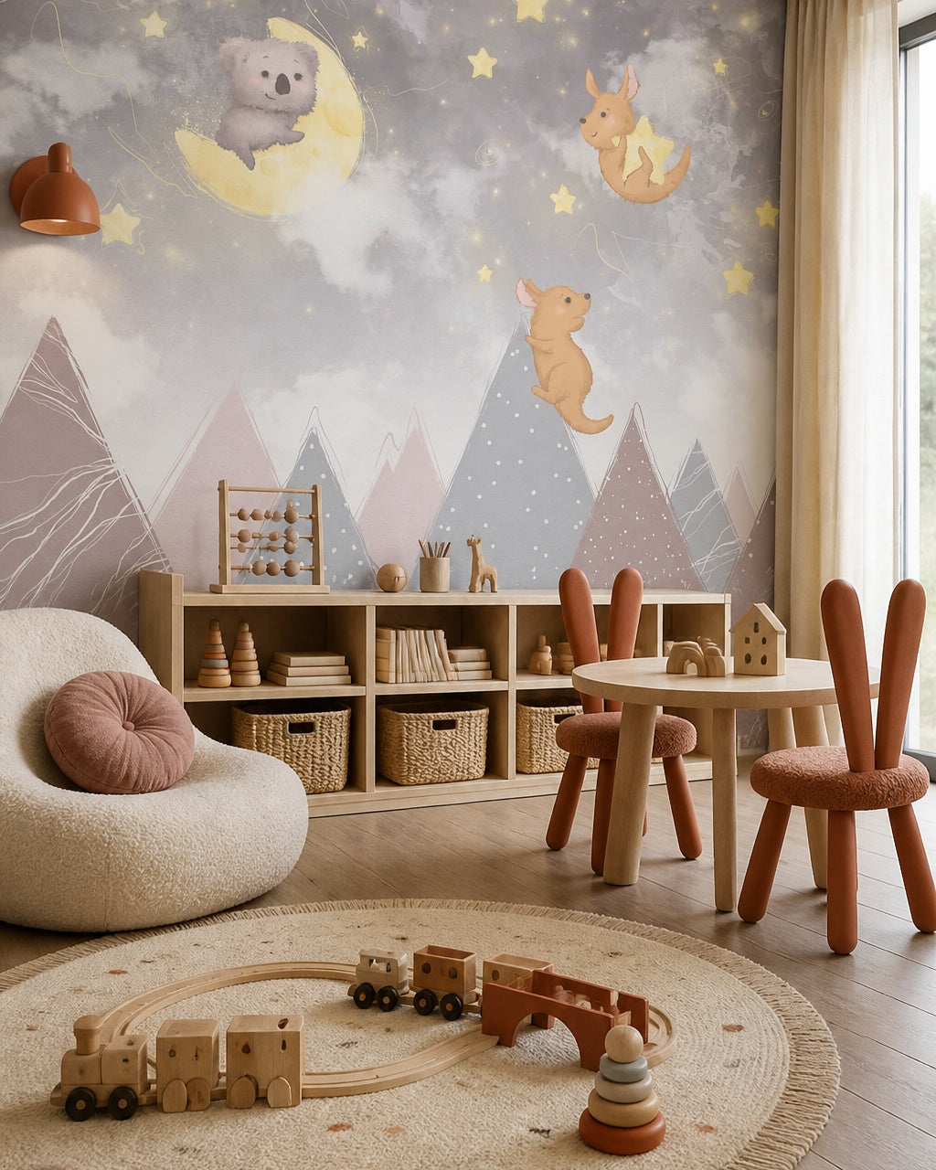 Dreamy koala and kangaroos nursery wallpaper in a children’s playroom.