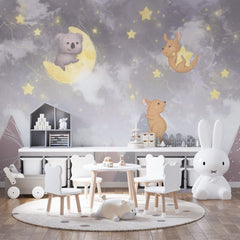 Custom Kids Wall Murals Star Night Cute Animals Scandinavian Mountains Wallpaper for Kids