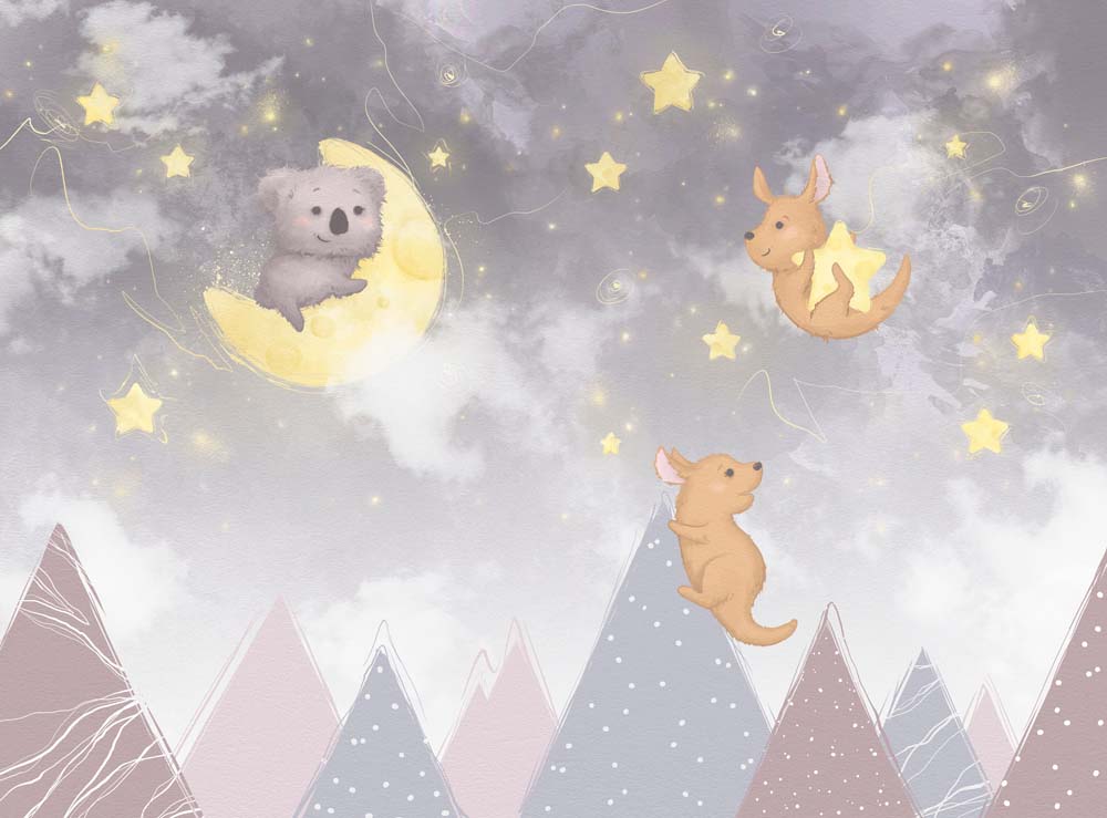 Verträumte Koala-und-Känguru-Tapete fürs Babyzimmer