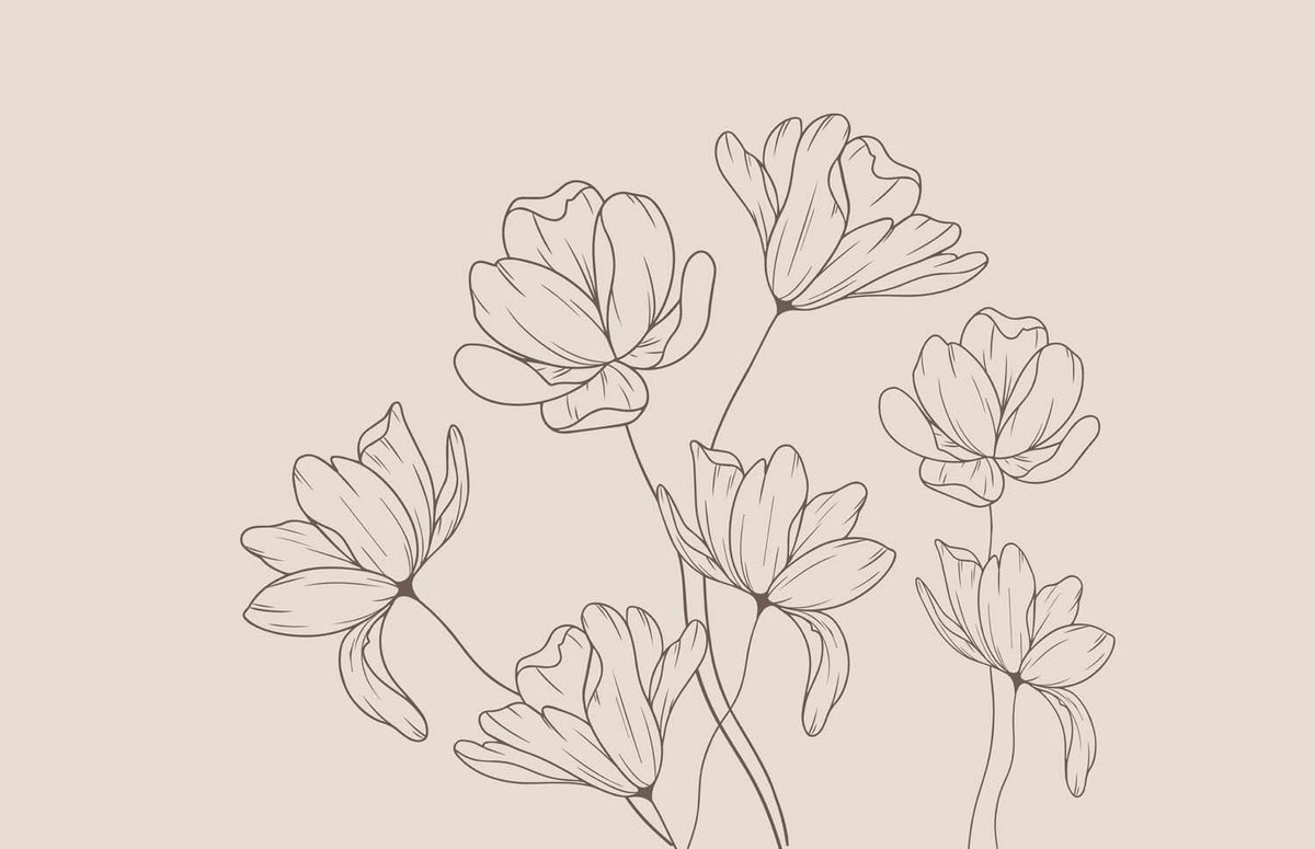 Tapete Blumen als Line Art – Minimalistische schwarze Umrissblüten auf Beige