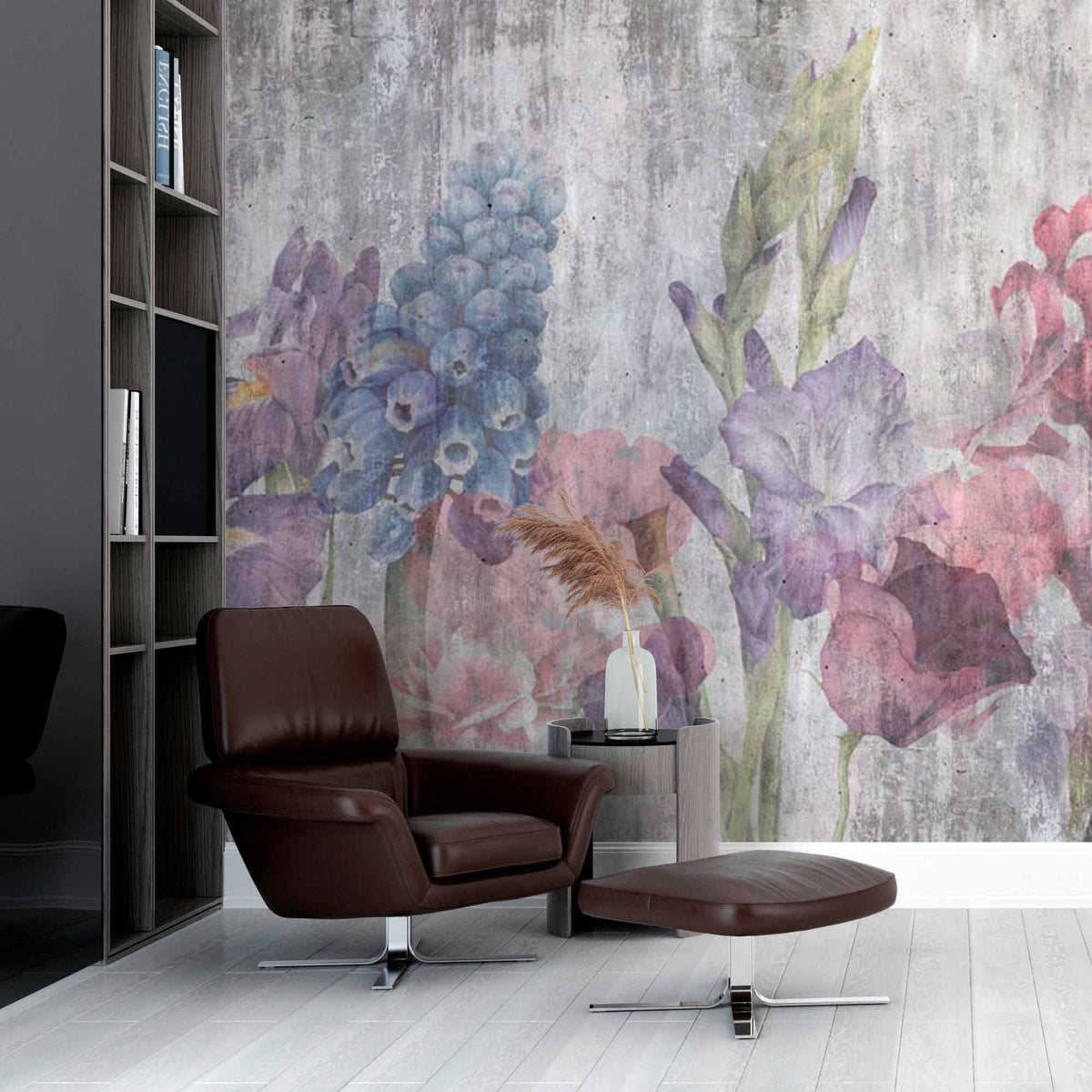 Papier peint jardin délavé – Papier peint panoramique jacinthes et iris vintage sur fond grunge