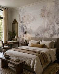 Serene tropical jungle wallpaper in a designer bedroom.