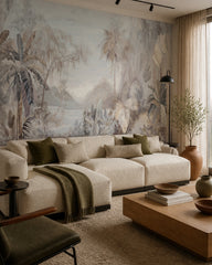 Serene tropical jungle wallpaper in a designer living room.