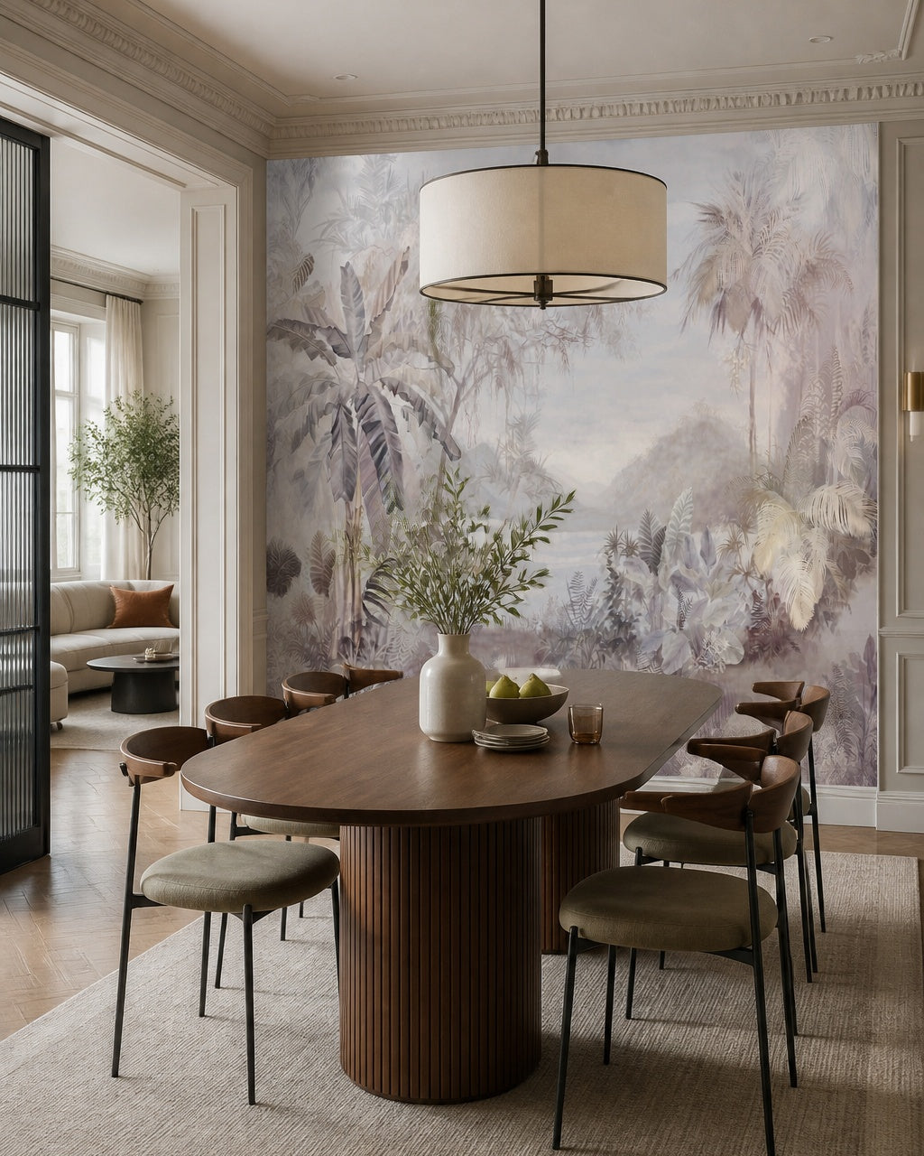 Serene tropical jungle wallpaper in a refined dining area.