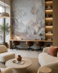 Serene tropical jungle wallpaper in a creative office lounge.
