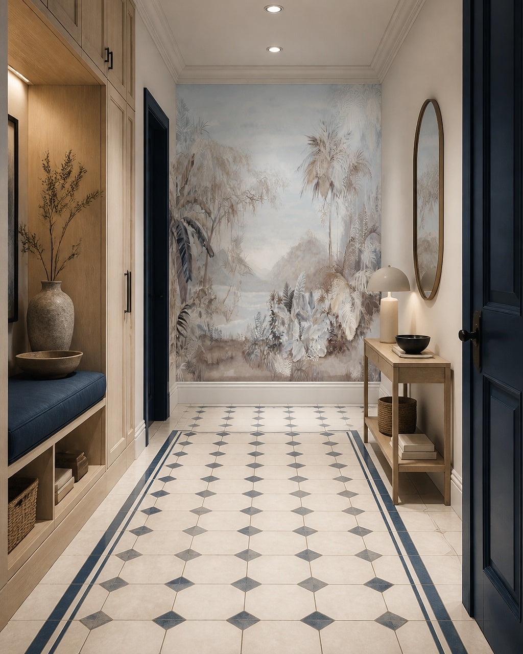 Serene tropical jungle wallpaper in an architectural hallway.