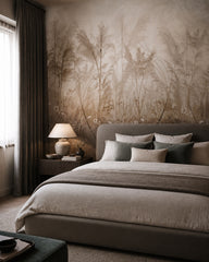 Pampas grass and wildflowers wallpaper in a designer bedroom.
