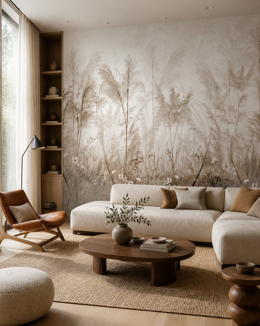 Pampas grass and wildflowers wallpaper in a designer living room.
