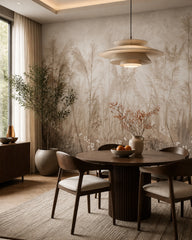 Pampas grass and wildflowers wallpaper in a refined dining area.