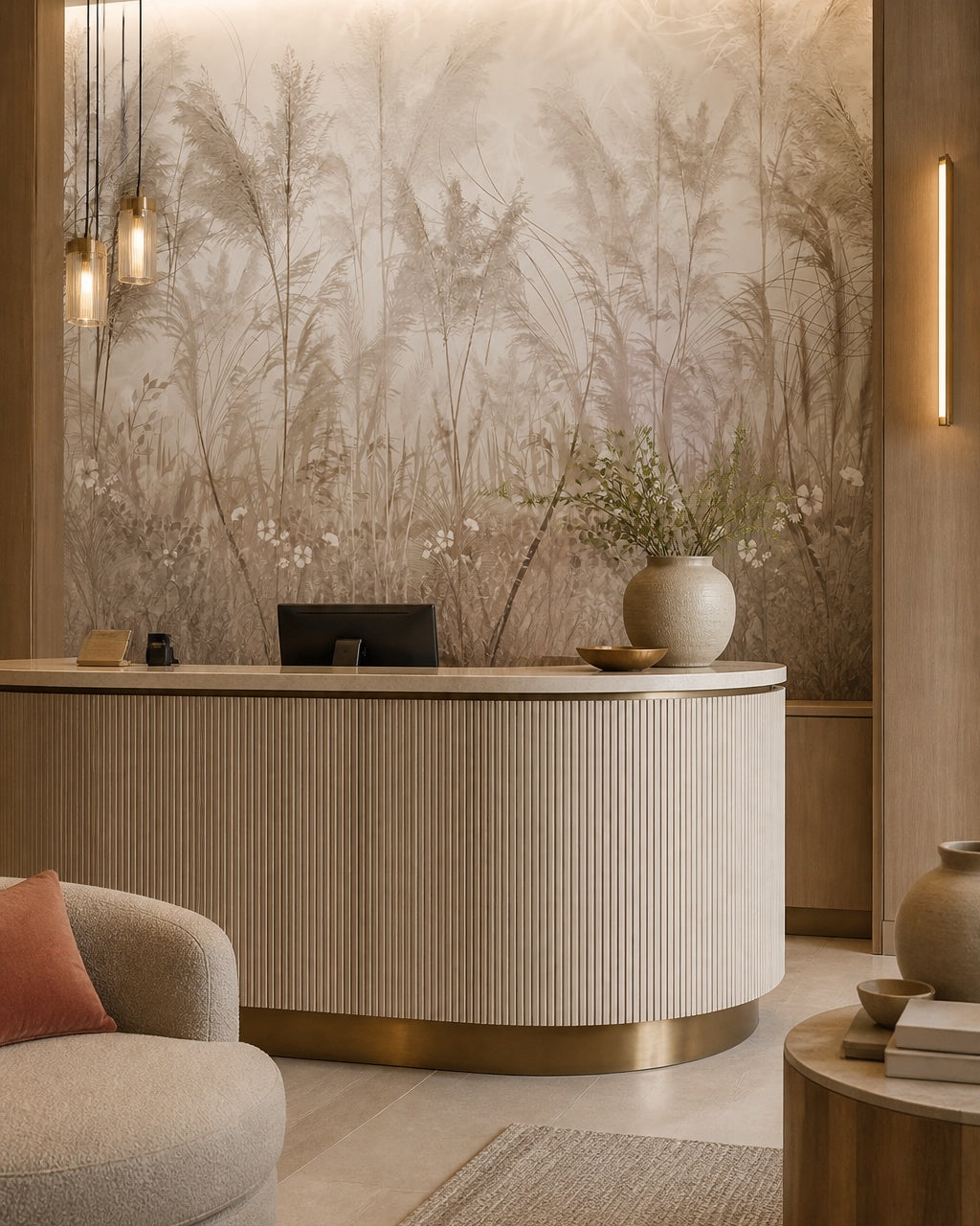 Pampas grass and wildflowers wallpaper at a hotel reception desk.