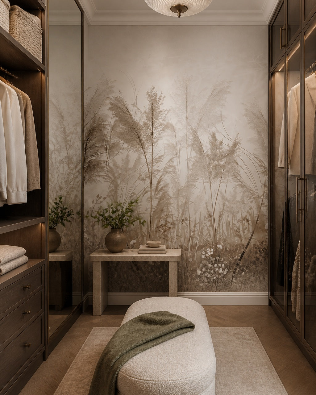 Pampas grass and wildflowers wallpaper in a dressing room.