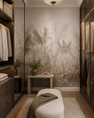 Pampas grass and wildflowers wallpaper in a dressing room.
