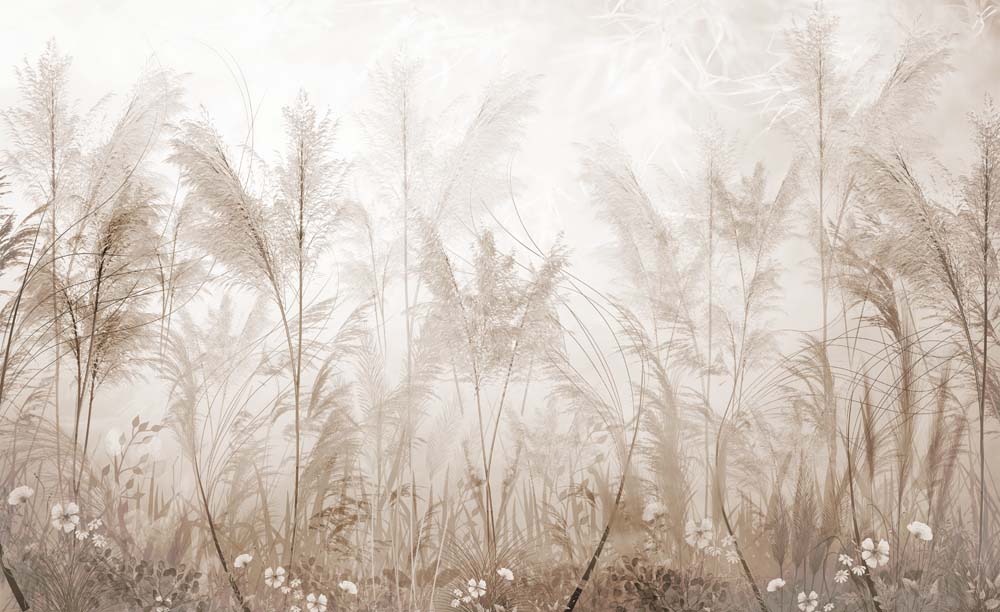 Papel pintado de hierba de la pampa y flores silvestres – Mural de pared botánico