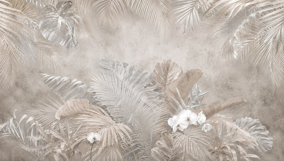 Beige tropische bladeren behang – palm en orchideeën op pleisterwerk fotobehang