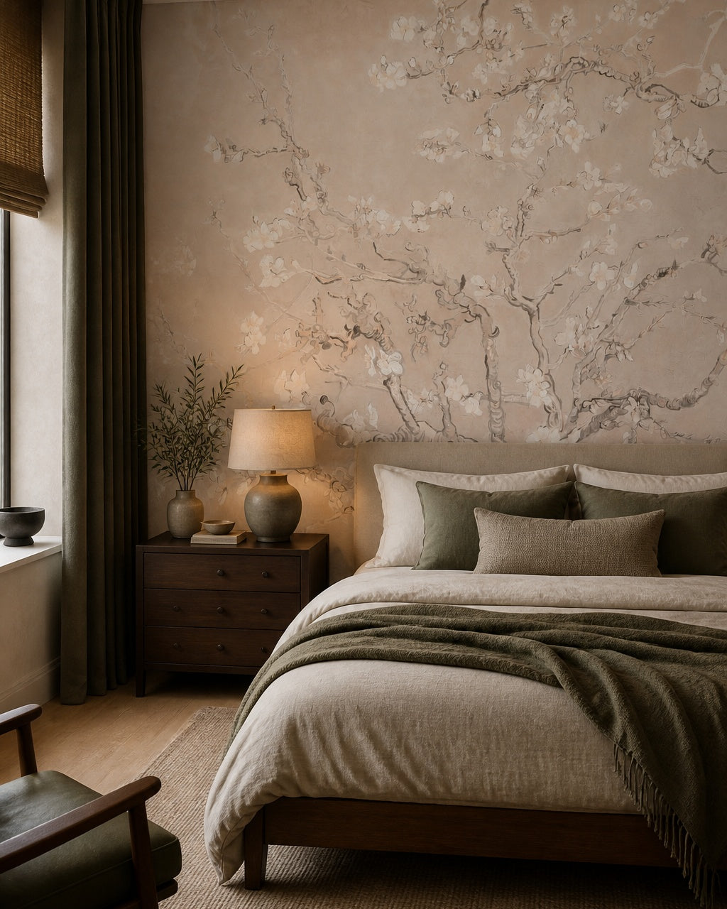 Blush almond blossom wallpaper in a designer bedroom.