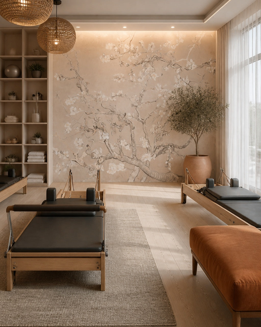 Blush almond blossom wallpaper in a fitness studio.