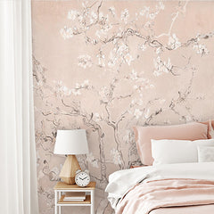 Custom Blush Pink Almond Blossom Wall Mural Spring Branch Wallpaper