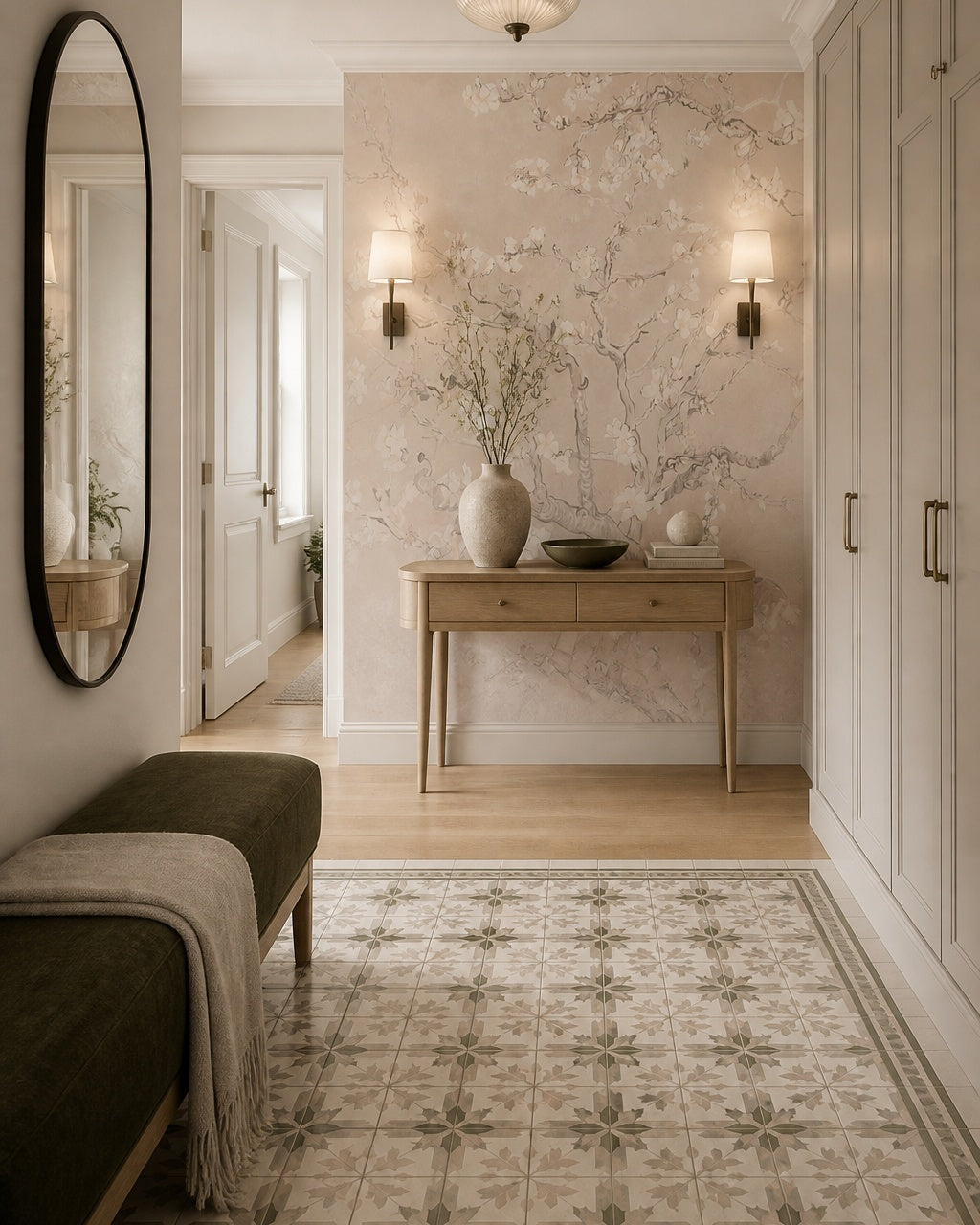 Blush almond blossom wallpaper in a refined foyer.