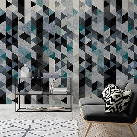 Custom Modern Abstract Geometric Triangle Wall Mural Wallpaper - Textured Blue, Black, and Grey Design