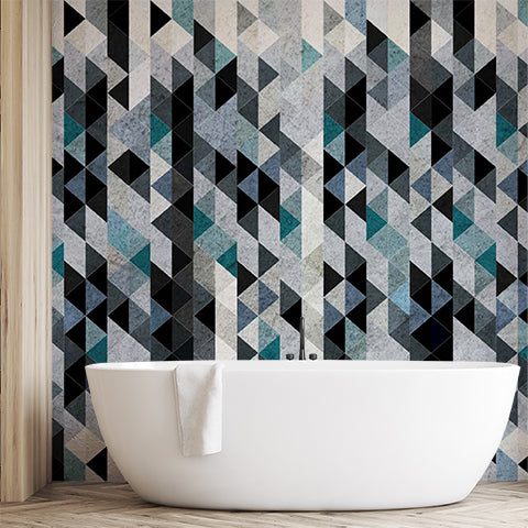 Modern Abstract Geometric Triangle Wall Mural Wallpaper - Textured Blue, Black, and Grey Design