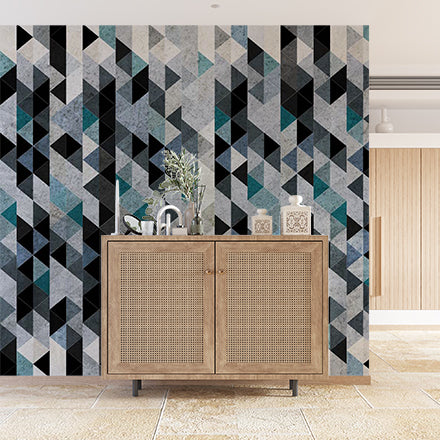 Modern Abstract Geometric Triangle Wall Mural Wallpaper - Textured Blue, Black, and Grey Design