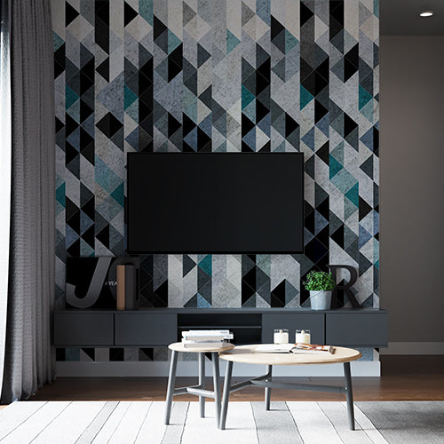 Modern Abstract Geometric Triangle Wall Mural Wallpaper - Textured Blue, Black, and Grey Design