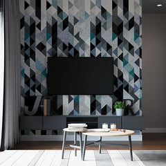 Custom Modern Abstract Geometric Triangle Wall Mural Wallpaper - Textured Blue, Black, and Grey Design