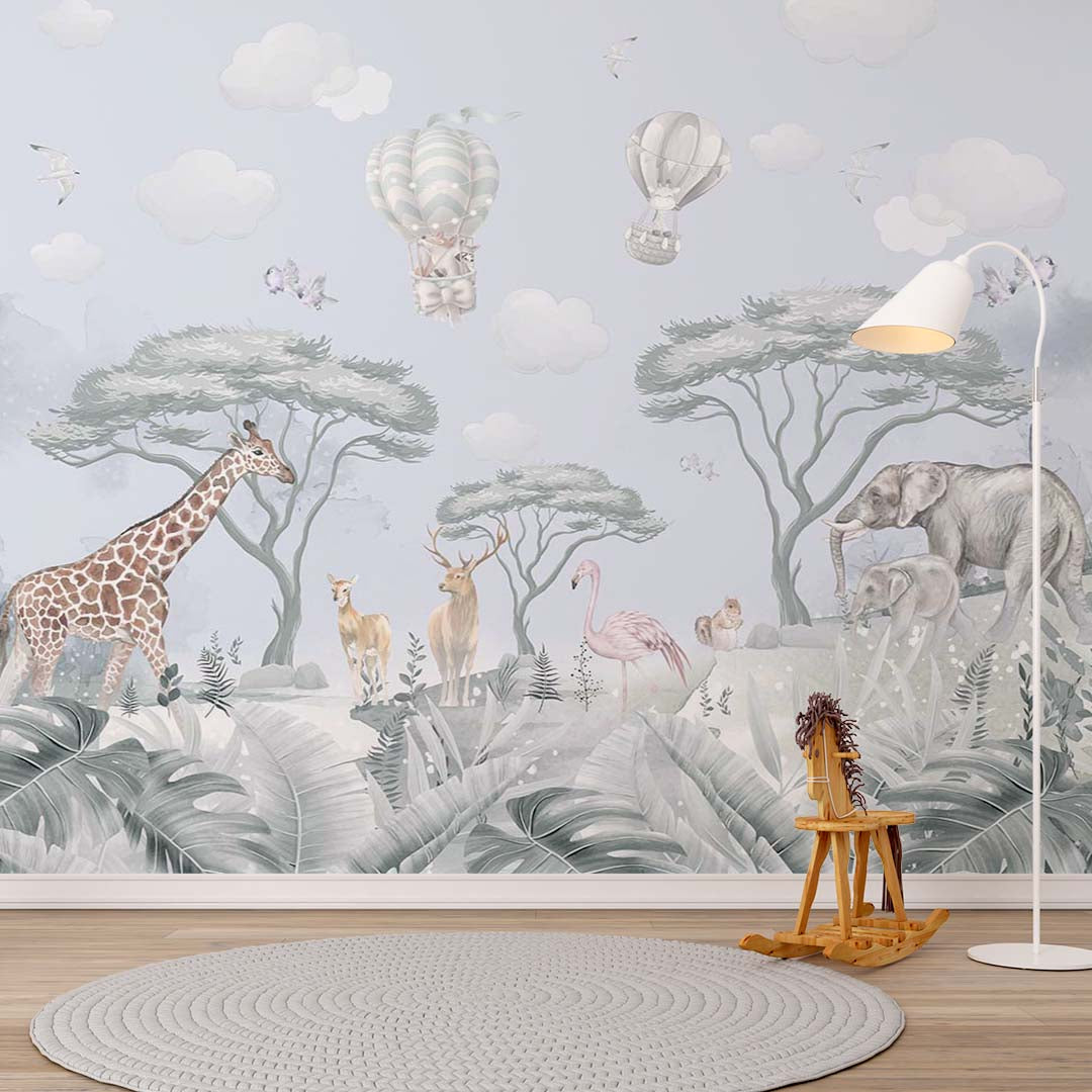 Kids Wall Mural Safari Animals Tropical Design Wallpaper for Kids