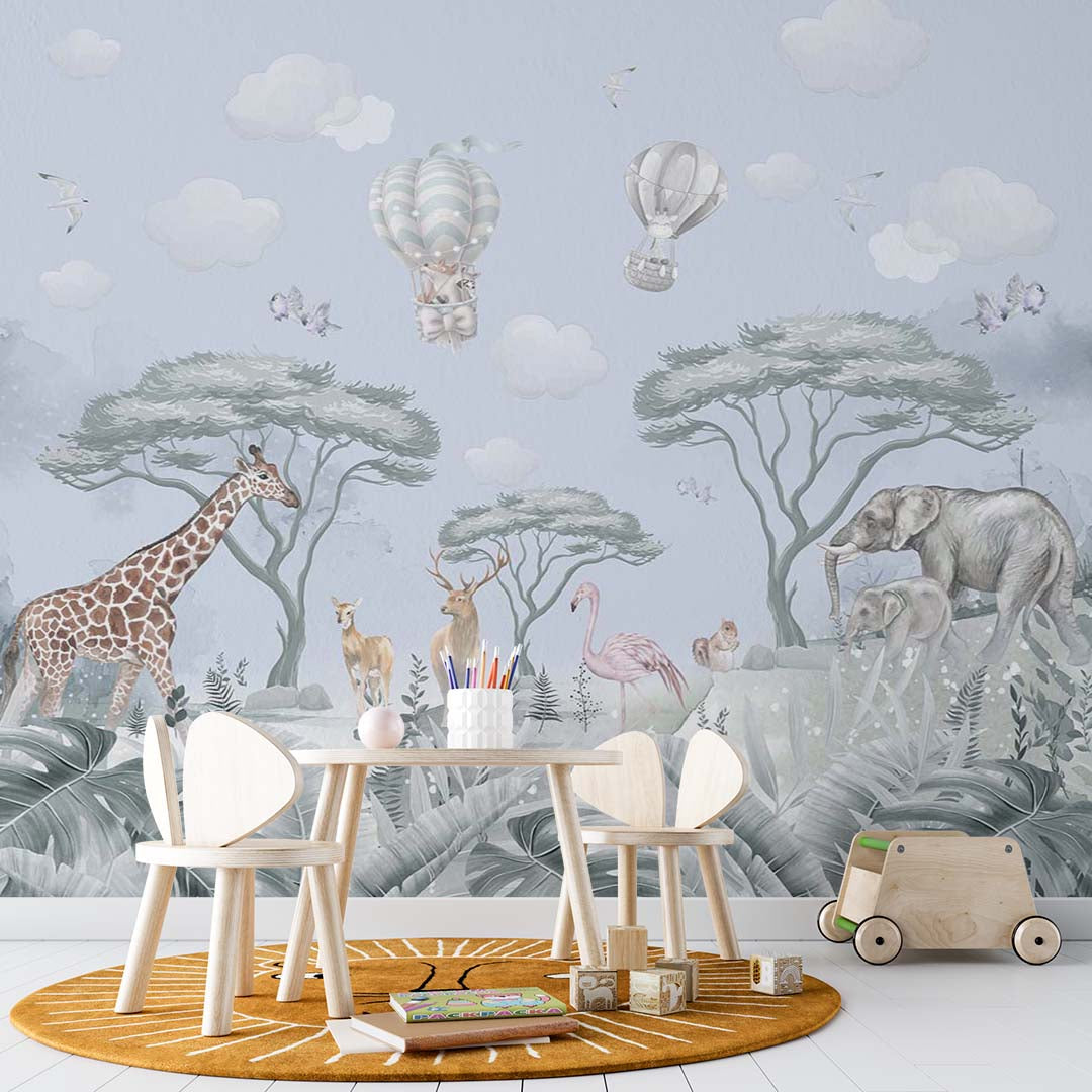 Kids Wall Mural Safari Animals Tropical Design Wallpaper for Kids