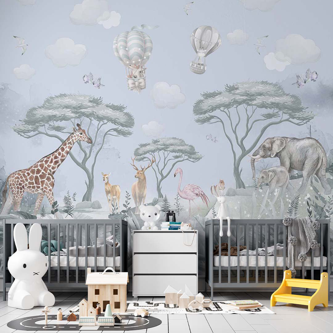 Kids Wall Mural Safari Animals Tropical Design Wallpaper for Kids