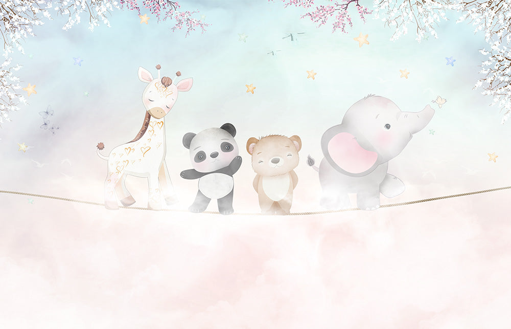 Kids Wall Mural Above the Clouds Cartoon Animals Nursery Wallpaper