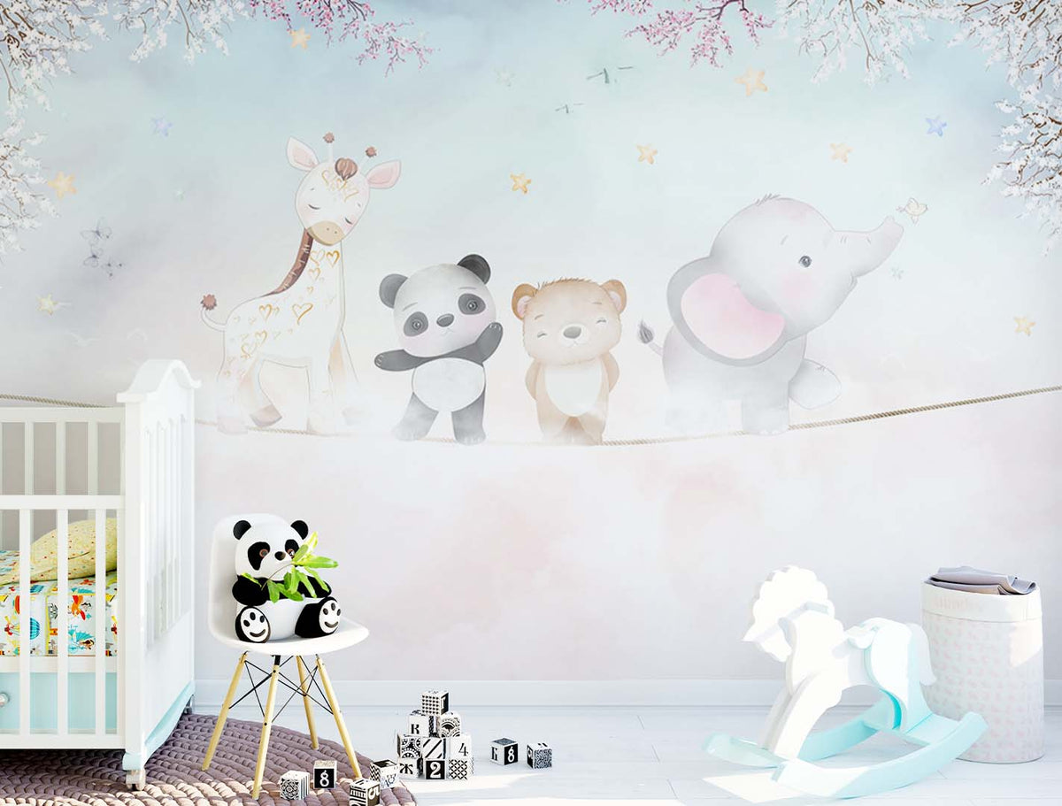 Kids Wall Mural Above the Clouds Cartoon Animals Nursery Wallpaper