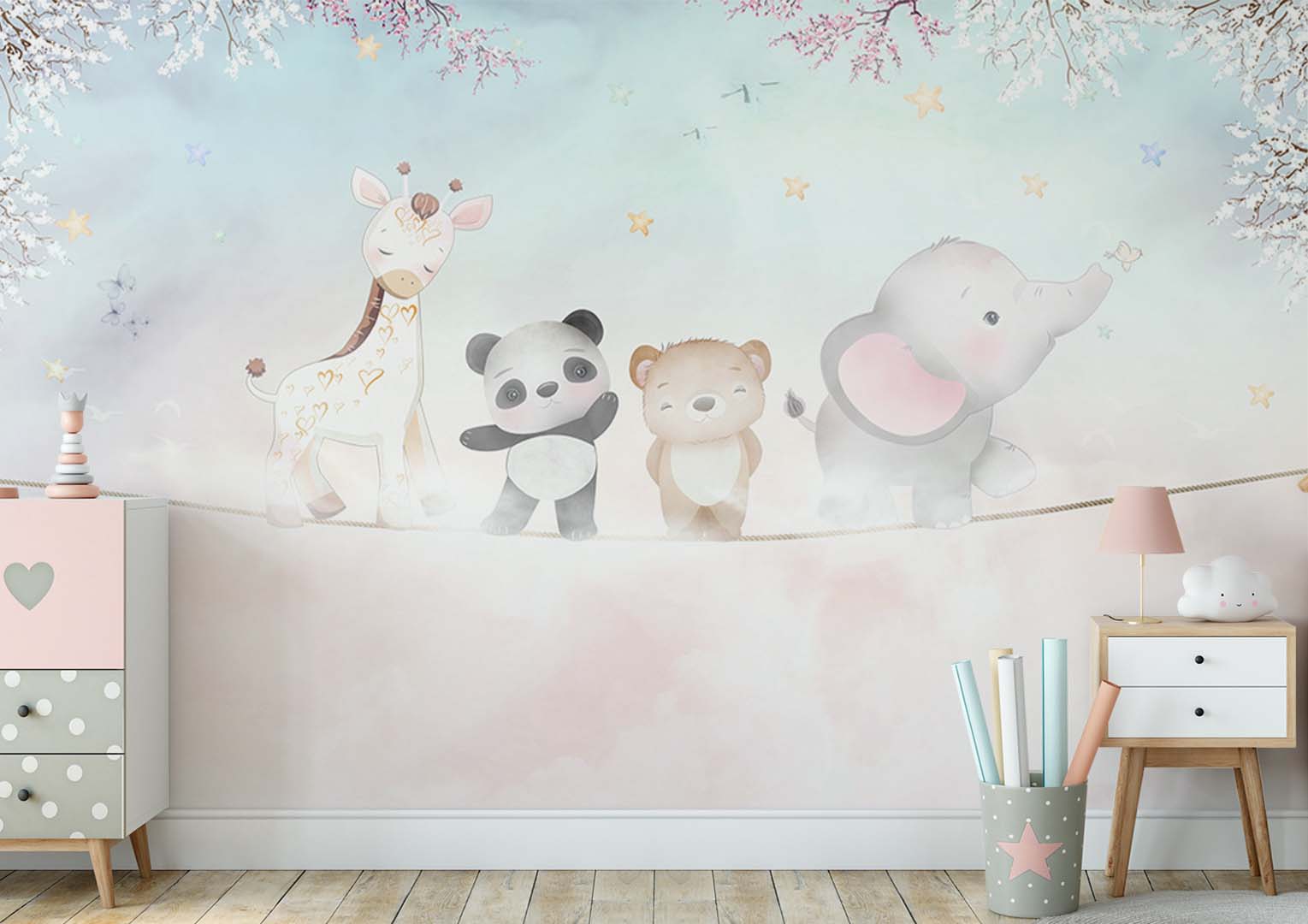 Kids Wall Mural Above the Clouds Cartoon Animals Nursery Wallpaper