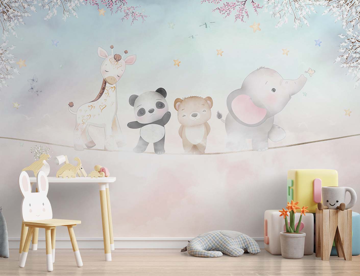 Kids Wall Mural Above the Clouds Cartoon Animals Nursery Wallpaper