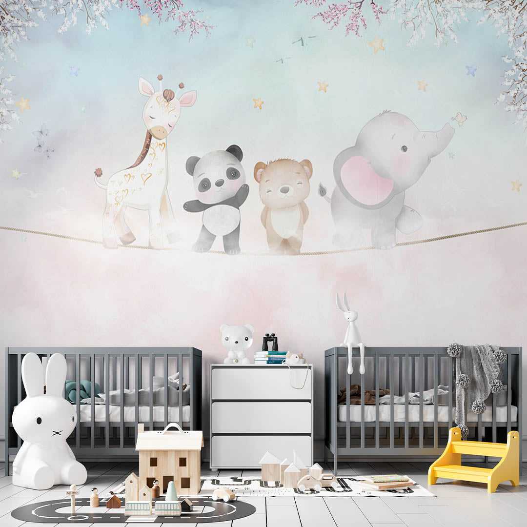 Kids Wall Mural Above the Clouds Cartoon Animals Nursery Wallpaper