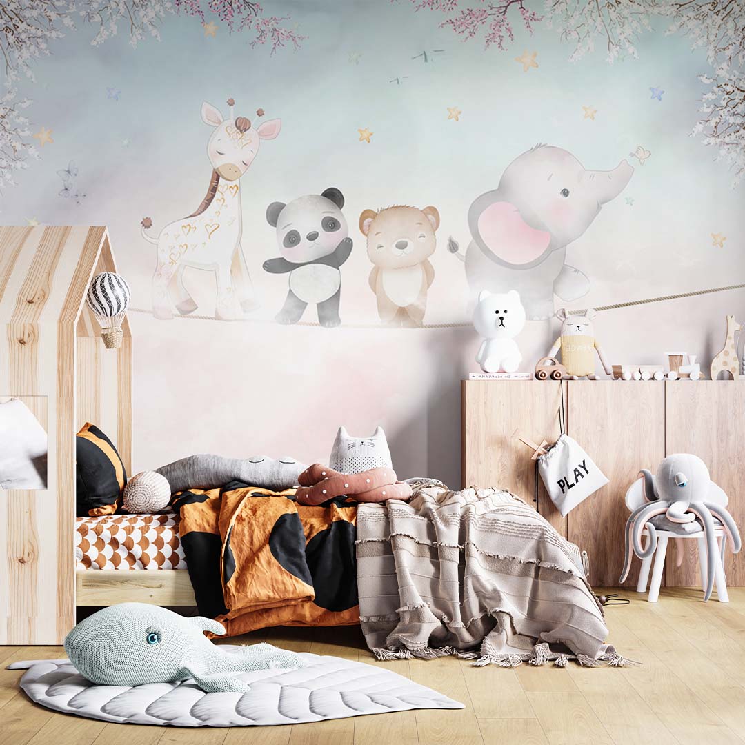 Kids Wall Mural Above the Clouds Cartoon Animals Nursery Wallpaper