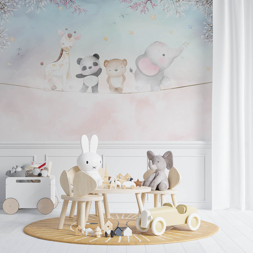 Kids Wall Mural Above the Clouds Cartoon Animals Nursery Wallpaper