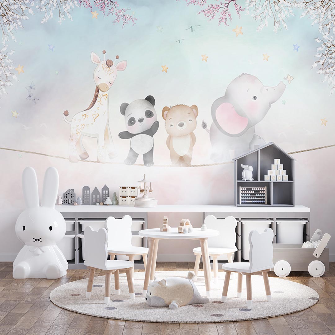 Kids Wall Mural Above the Clouds Cartoon Animals Nursery Wallpaper