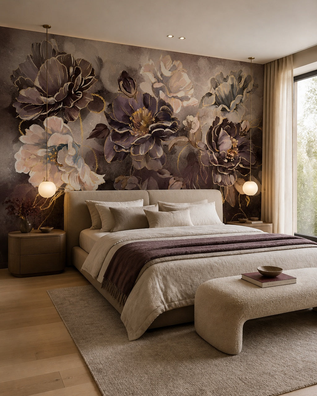 Plum and gold peony wallpaper in a designer bedroom.